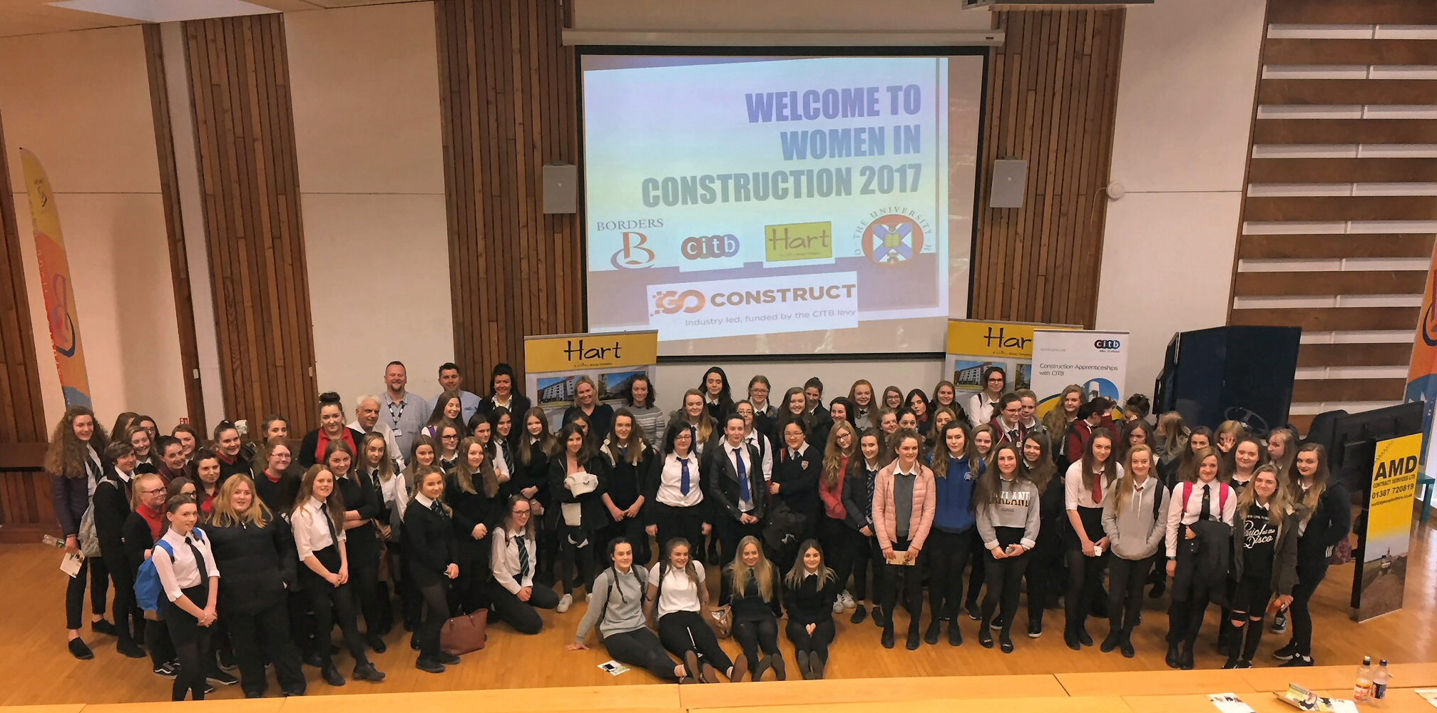 Pupils, staff and presenters at the Women in Construction 2017 presentation