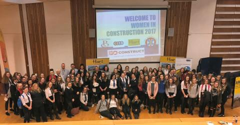 Pupils, staff and presenters at the Women in Construction 2017 presentation