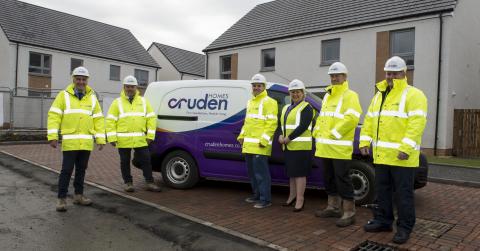 left to right: Iain Hunter, Site Manager; George Bagan, Assistant Site Manager; Craig Stevenson, Painter and Decorator; Audrey Sanders, Sales Adviser; Glen Sancroft, Assistant Site Manager; Stuart Dick, Customer Care Foreman.